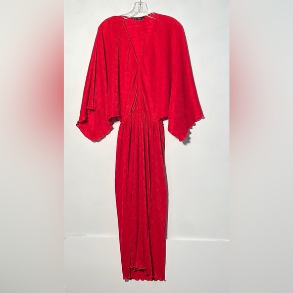 ZARA Kimono SLV Shimmer Ribbed Draped Lettuce Edge V-Neck Red Midi Party Dress S - Picture 2 of 16